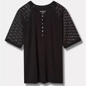 Torrid Fitted Super Soft Rib Lace Inset Raglan Henley Black